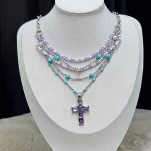 SS Turquoise Amethyst Pearl Multi Layer Necklace with Amethyst Cross Pendant